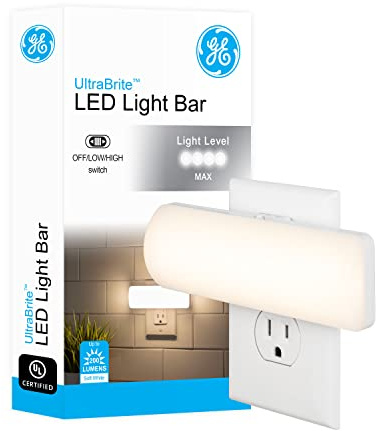 GE Ultrabrite LED Light Bar Night Lights Plug Into Wall Room Decor Ambient Lighting High/Low/Off Switch Bright Nightlight, White, 200 Lumens, 1 Pack