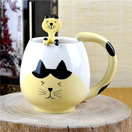 Arawat Rolig Kaffemugg Söt Katt Keramisk Te Mugg Med Sked Och Underlägg 420 Ml Stor 3D Kaffemugg Söt Kattmugg Födelsedagspresent Till Flickvän Pojkvän Pojkar Kvinnor Män