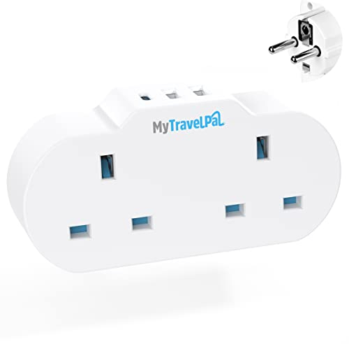 MyTravelPal UK to Europe Travel Adapter With USB & USB-C | 2 Way European Travel Adaptor Plug with UK Safety Standards | Double UK to EU Plug Adapter | Germany France Spain Portugal Iceland Greece