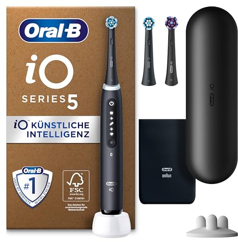 Oral-B iO 5N Cepillo de Dientes Eléctrico con Mango Recargable, 3 Cabezales y Estuche De Viaje, Diseñado por Braun - Negro , El embalaje puede variar