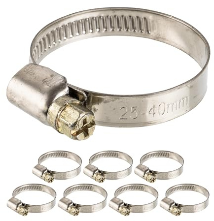 Schlauchschellen mit Schneckenantrieb, 8 Stück, Spannbereich Ø 25-40 mm, für 1 1/4 Schläuche, W2 Edelstahl, Kreuzschlitz SW 7, 9 mm Bandbreite, Fixierung von Waschmaschine, Spülmaschine Anschluss