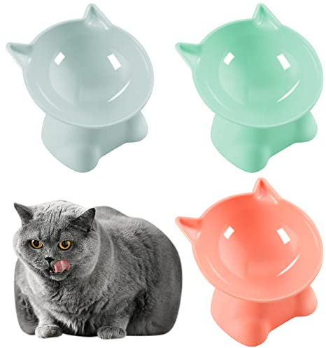 Fanshiontide 3PCS Raised Cat Bowl, Elevated Cat Feeding Bowls with Stand, Tilted, Anti Vomit Cat Food Bowl, Cat Feeder, blue green orange