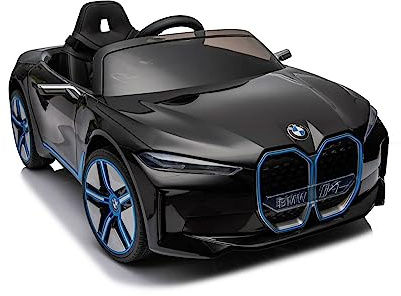 Veicolo elettrico per bambini, design come BMW i4, con licenza, batteria 12V7A, 2 motori, telecomando da 2,4 GHz, MP3, sedile in pelle + Eva (nero)