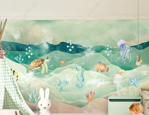 Fototapete 3D Effekt 3D Tapete Retro Farbige Meeresschildkröte Kinder-Cartoon-Meerestiere Fototapete Wandgemälde Vlies Wohnzimmer Schlafzimmer Flur Wanddekoration 200(W) X140(H) Cm