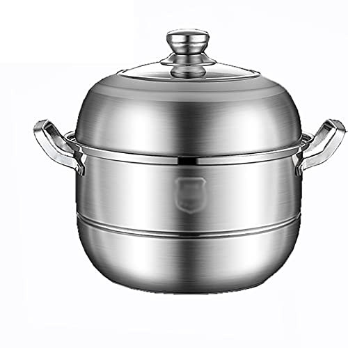 ANSNOW Steamer Cooker, Stainless Steel Soup Pot for Cooking, Steamer Pan Sets, Large Steam Pots Glass Lids, Steamer Insert, Hob Steamer, Silver/34Cm