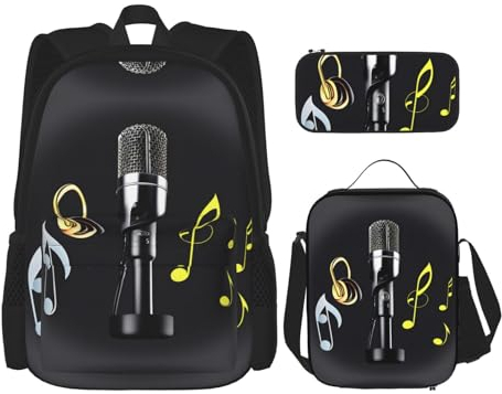 HJLUUFT Pratico set di 3 zaini con microfono e note musicali, grande borsa per la scuola con portapranzo e astuccio per studenti, zaino e portapranzo
