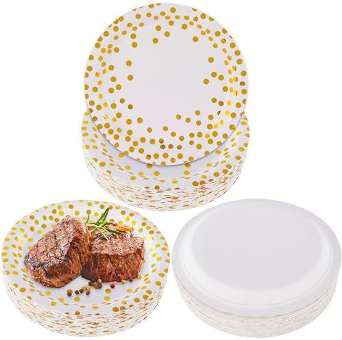 CYZBL 50Pcs Disposable Plates 7 Inch - Gold Foil Polka Dots Paper Plates, Graduation Party Paper Plates, Party Tableware for Wedding, Children's Birthday, Camping, Picnics (B)