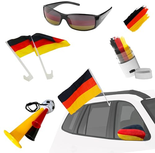 Taffstyle Deutschland Fan Set 5 Teilig Fußball EM WM Fanartikel mit Autofahnen Spiegelüberzügen Spiegelfahnen Sonnenbrille Tröte Schminkstift Länderflagge Auto Fan Zubehör