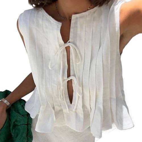 Blusa de Lino con Lazo Frontal para Mujer, Blusa Plisada de Peplum, Estilo Babydoll Y2K, con Volantes, túnica sin Mangas, Blanco, M