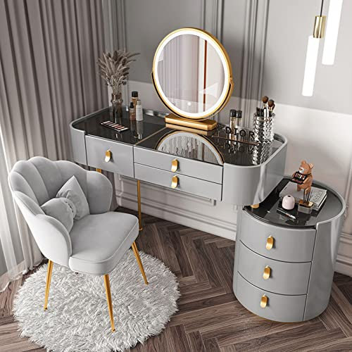 Schminktisch mit beleuchtetem Spiegel und Glasplatte, großes Schminktisch-Set mit Schubladen, Beistellschrank und Stuhl, Make-up-Schminktisch mit 3 Beleuchtungsfarben für Sie