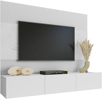 Mirjan24 Wohnwand Deromi (Weiß + Weiß Marmor, ohne Hängeregal) | Kompakte Hängewohnwand mit TV-Paneel, TV-Lowboard mit 3 Innenfächern, Push-to-open-System und Gasdruckfedern