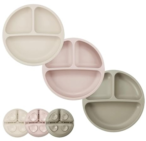 Lot de 3 assiettes pour tout-petits PandaEar, assiettes en silicone avec ventouse pour bébés et tout-petits, antidérapantes - Lavables au lave-vaisselle et utilisables au micro-ondes (brun, lin, thé)