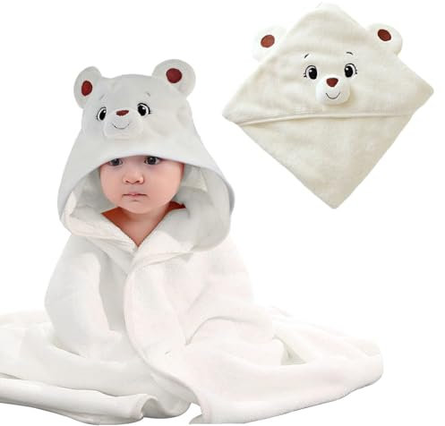 Wffeila Asciugamani Con Cappuccio Per Bambini, Accappatoio Neonato, Asciugamani Neonato Spessi e Assorbenti, Materiale in Pile di Corallo, Super Morbido e Super Assorbente, Modello Orso, 80 × 80cm