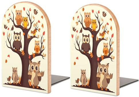 Robuste Buchstützen, Cartoon-Familie, Eulen-Druck, Holz-Buchstütze, dekorative Buchstützen, rutschfeste Buchstütze für Regale (1 Paar)