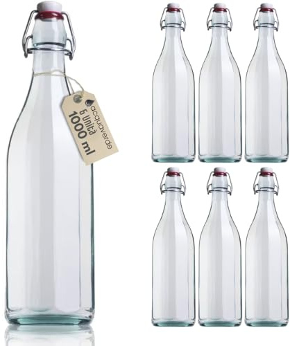 acquaverde | 6 Bottiglie in Vetro 1 Litro per Acqua, Bevande e Liquori, Bottiglia Costolata Trasparente, Design Vintage, Contenitore Alimentare con Tappo Meccanico Ermetico Incluso