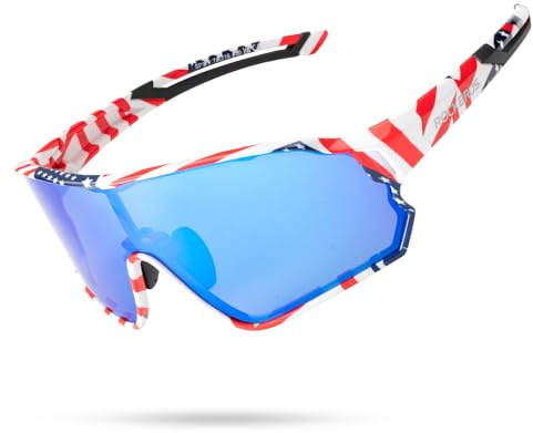 ROCKBROS Occhiali da Sole Polarizzati, Occhiali da Ciclismo Bici Protezione UV400 Antivento Bicicletta Uomo Donna con Montatura per Miopia Sportivi MTB Corsa Pesca, Stile della Bandiera