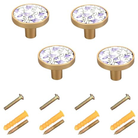 GuoChe 4 Pack Hardware for Cabinets and Drawers Sweden Campanula Rotundifolia Summer Flowers Boho Hardware Modern Knobs for Cupboards Dresser Drawers 1.26 Inch