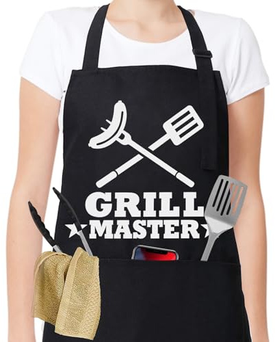 Greyoe Grembiule Cucina Uomo, Grembiule Barbecue con Tasche, Regolabile, Regalo di Compleanno per Marito, Papà, Nero
