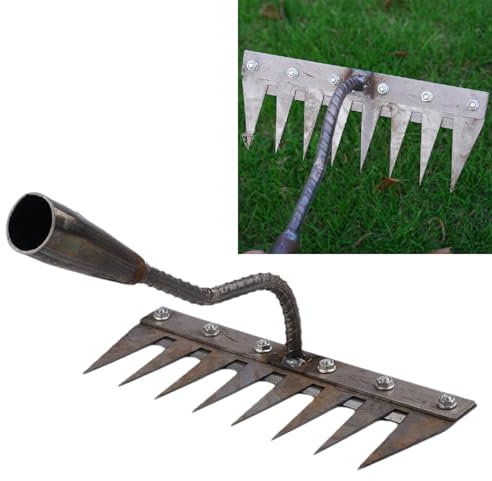 Ironrake - Rastrello da giardino in acciaio al carbonio a 8 denti, rastrello in ferro per giardinaggio e diserbo, rastrello per diserbo in ferro resistente, rastrello per rimuovere il prato, attrezzi