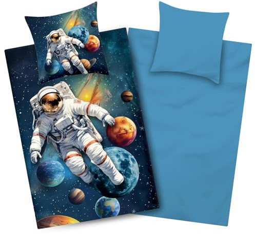 Aminata kids Rymdsängkläder barn pojkar – astronaut vändbara sängkläder 135 x 200 – sängkläder i mikrofiber – planeter och rymddesign – blå
