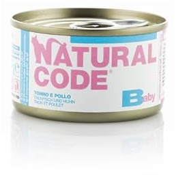 Natural Code Umido Gatto Kitten Baby gusto TONNO e POLLO, alimento completo in sfilaccetti per gattini cuccioli fino a 4 mesi di età, altamente digeribile | 12 scatolette da 85 grammi l'una.