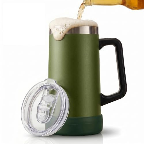 KooK Beer Stein, Stainless Steel Coffee Mug, Tumbler with Thermal Vacuum Insulation, Double Walled Drinking Cup, Large Handle, Shatterproof, Olive, 23.7 oz