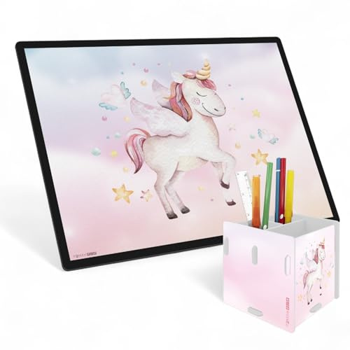 itenga Set 2 teilig - Schreibtischunterlage mit Motiv und passendem Stifteköcher - Schreibunterlage abwischbar rutschfest glatt 40x53cm Schreibunterlage für Kinder und Erwachsene (Motiv Einhorn)