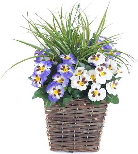 Best Artificial Stiefmütterchen-Display in 30 cm quadratischem Weiden-Pflanztopf – geeignet für den Innen- und Außenbereich (Blau und Weiß)