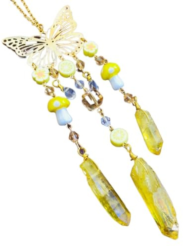 Butterfly Crystal Hanging Ornament with Mushroom Beads & Aura Quartz – 23cm Rainbow Sun Catcher for Window, Wall, or Car Decor(A)