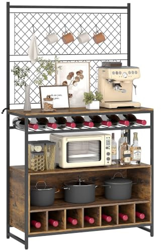 HOMCOM Küchenregal Standregal, 5 S-Haken, 96,5 x 38 x 165 cm Rustikal-Braun | 2 Ablagen, Metallgitterpaneele, Kaffeebar mit Weinregal, Bäckerregal aus Metallrahmen