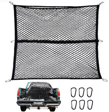 120x120cm Single Layer Elastic Cargo Net - Stretches to 210x210cm for Truck, Motorhome, Van, Pickup - Includes 6x Steel Carabiners, 4x ABS Hooks