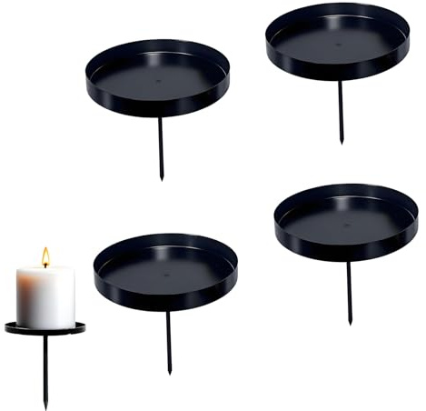 WertFix Candle Holder Advent Wreath Set, Set of 4 Metal Black for Pillar Candles - 8 cm Wax Catcher Plate - Rustic Christmas Decoration for Table Decoration and Advent Arrangement (Black)