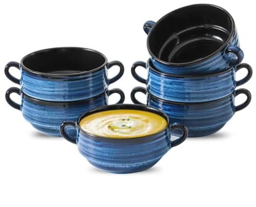 HASENSE Ceramic Soup Bowls, 20 oz French Onion Soup Bowls with Handle Set of 6, Small Serving Crock for Stew, Pasta, Chili, Cereal, Microwave Oven and Dishwasher Safe, Blue