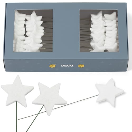 MIJOMA 60 glitzernde Sterne mit Draht 40mm zum Stecken Weihnachtsdeko Adventsgestecke Bastelmaterial Dekoration Drahtsterne Kunststoff Metalldraht winterliche Tischdeko DIY (Weiß)