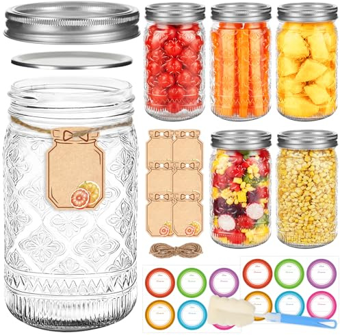 EkkoVla 1L Wide Mouth Mason Jars with Airtight Lids, 6-Pack Glass Canning Jars for Pickling, Fermentation & Food Storage – Includes Rustic Stickers & Tags, Ideal for Overnight Oats & Meal Prep