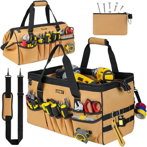 Sacoche Outils,Sac Outils Vide,47 cm Grand Ouverture Robuste Sac à Outils,43 Poches Organiseur de Rangement,étui de Transport pour Papa,Homme,Mécanicien,électricien,Jardinage,Marron(Sac Uniquement)