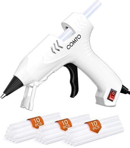 COMTO 20W Heißklebepistole - mit 30 Stück 7×140mm Klebesticks, schnelles Aufheizen, hitzebeständige Düse & Sicherheitsständer, Klebepistole für Bastelarbeiten und Heimreparaturen, Weiß