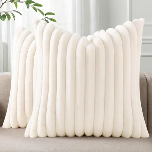 Homaxy Kunstfell Kissenbezug 60x60 2er Set, Creme Weiß | Deko Weich Flauschige Gestreift Kissenhülle, Plüsch Sofakissen Dekokissen Couchkissen für Wohnzimmer Schlafzimmer Sofa