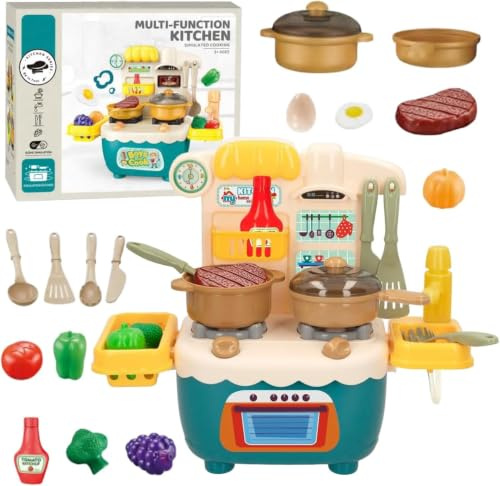 Toyana Play Kitchen Set for Kids - 18 PCs Realistic Mini Kitchen & Utensils Accessories with Running Water Play Sink, Interactive Cooking Role Play Gift Toy for Children 3+ Years