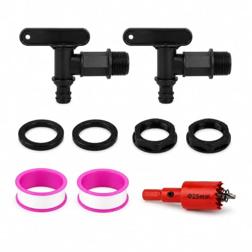 2 Stück Auslaufhahn Regentonne 3/4 Zoll, Wasserhahn mit Lochöffner | Kunststoff-Ersatzteil mit 25-mm-Lochöffner, Dichtband, Unterlegscheiben und Sicherungsmuttern, für Wassertank und Regenfass