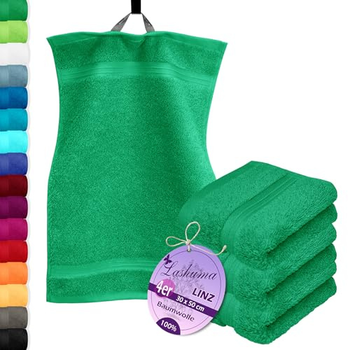 Lashuma 4er Handtuch Gästehandtuch Set 30x50 cm, Linz weiche Bad Gästetücher Grün - Forst