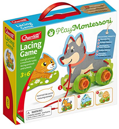 Quercetti - Play Montessori Lacing Game - Fädelspiel, Nachziehspielzeug, Mehrfarbig, 0612