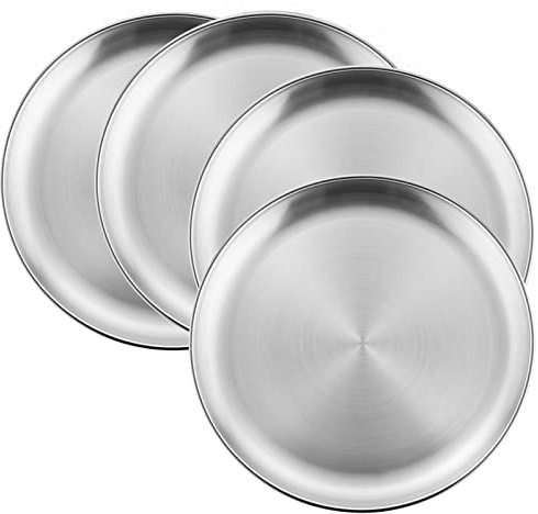 HaWare 4-Piece 18/8 Stainless Steel Plates, Metal 304 Dinner Dishes for Kids Toddlers Children, 10 Inches Feeding Serving Camping Plates, Reusable and Dishwasher Safe