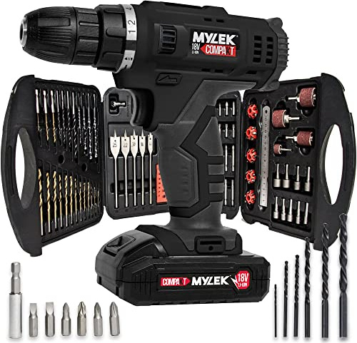 MYLEK 18V Cordless Drill Electric Driver Set, Lithium Ion Battery, 18 Volt Combi Screwdriver Pack, Black, 131 DIY Piece Accessory Kit and Carry Case