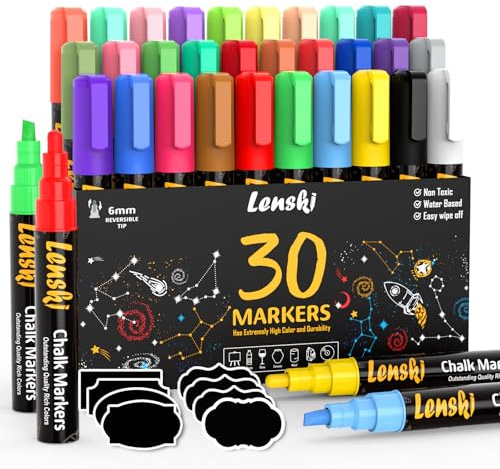 Lenski 30 Kreidestifte für Tafel Abwaschbar, 6mm Kreidestifte für Fenster, Einschulung Mädchen, Schultüte Füllung, Kinder Stifte Whiteboard Kreidemarker Fensterstifte Fenstermalstifte Glasmalstifte