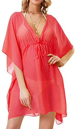 soul young beach cover up for women beachwear Chiffon lightweight Swimwear(Hot Pink)