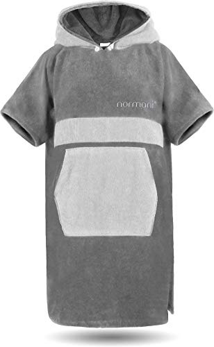 normani Baumwoll Surfer Poncho - Strandponcho - Handtuch-Poncho - Unisex Strand Umziehhilfe - geschlossener Bademantel für Damen und Herren Grau/Hellgrau S-M