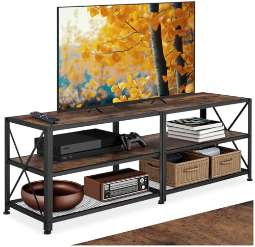 tectake® Industrial TV Lowboard, Fernsehschrank bis zu 60/70 Zoll, Sideboard Wohnzimmer, TV Schrank, Regal Kommode mit offenen Fächern, HiFi Rack - 141 cm, Industrial Holz dunkel, rustikal