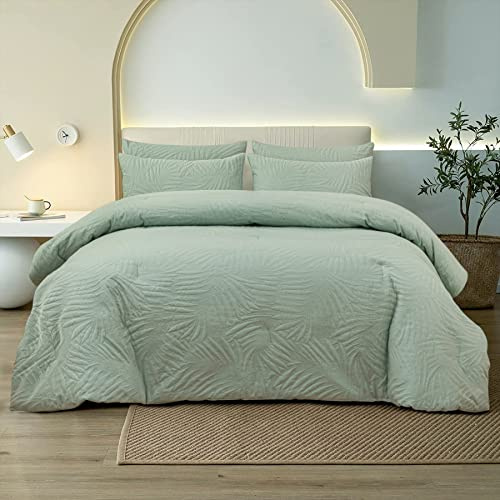 YASMENG 4 Jahreszeiten Bettdecke 200x200cm Ganzjahresdecke Blätter Muster 400 GSM Daunendecke 200x200 Mikrofaser Bettdecken Grün Weich Flauschige Decke 200x200 cm Steppdecke mit 2 Kissenbezüge 80×80