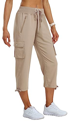 MoFiz Pantalones Cargo Mujer Capri Pantalón 3/4 Largo Ligero Verano Outdoor Pantalones de Senderismo Transpirable con Bolsillo Cremallera Caqui XXL